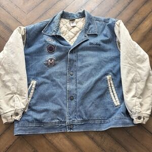 Vintage Disney Store Mickey Mouse 1928 Denim Bomber Varsity Jacket Sz L